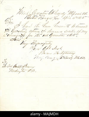 Membri, "ho l'onore qui per trasmettere il ritorno trimestrale del defunto soldati del mio comando per il primo trimestre 1865.' non contiene il rendimento effettivo dei soldati deceduti. Titolo: lettera firmata Bacon Montgomery, testa 6 quarti di cavalleria Voll Missouri, Baton Rouge, Louisiana, al 2° Revisore dei Conti del Tesoro, Washington, 4 aprile 1865 . Il 4 aprile 1865. Montgomery, pancetta Foto Stock