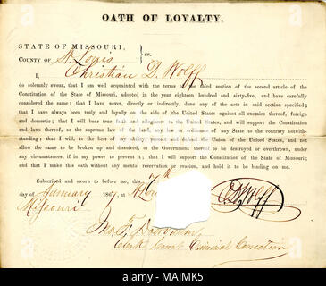 Giura di giuramento di fedeltà al Governo degli Stati Uniti e dello Stato del Missouri. Titolo: il giuramento di fedeltà di Christian D. Wolf del Missouri, nella contea di San Luigi . 8 gennaio 1867. Lupo, Christian D. Foto Stock