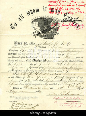 Membri che pozzetti è stata scaricata come secondo tenente della Società A della trentottesima Illinois fanteria in ragione della sua nuova nomina a capitano. Titolo: certificato di scarico di Charles H. pozzetti, 4 agosto 1863 . Il 4 agosto 1863. Lawrence, Samuel B. Foto Stock