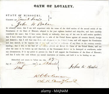 Giura di giuramento di fedeltà al Governo degli Stati Uniti e dello Stato del Missouri. Titolo: il giuramento di fedeltà di John W. Baber del Missouri, nella contea di San Luigi . 29 maggio 1868. Baber, J. Foto Stock