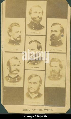 Piccola scheda con fotografie di sette ufficiali dell'Unione. Il Mag. Gen. G.H. Thomas, J. McPherson, O.O. Howard, H.J. Kilpatrick, LATO SINISTRO Rousseau, H.W. Slocum, T.S. Sherman. Titolo: Esercito del West (Unione ufficiali). . Tra il 1861 e il 1865. Foto Stock