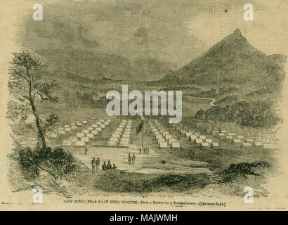 Immagine di colline, treno, e diversi piccoli edifici in background. Soldati, tende e pennone con bandiera in primo piano. "Da Harper's Weekly Settembre 21, 1861 Il dono di Herman von Schrenk' (digitato verticalmente sulla carta). "CAMP SANGUE, vicino a manopola pilota, Missouri. - Da uno schizzo di un corrispondente. - [Vedi pagina successiva.]" (stampato immagine sotto). Titolo: "Campo di sangue, vicino a manopola pilota, Missouri." . 21 settembre 1861. Foto Stock