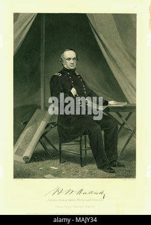 Stampa di Gen. Halleck in uniforme, seduto di fronte a una tenda accanto a una tabella con una mappa appoggiata contro una sedia di camp in background. "H. W. Halleck' (firma stampato sotto immagine). Stampa presi da un libro pubblicato da Johnson, Fry e Co., New York. Dipinto originale di Alonzo Chappel. Titolo: "gen. Henry W. Halleck" (unione). . 1862. Alonzo Chappel - Foto Stock