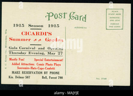 Titolo: Lobby Cafe Cicardi, Delmar e Euclid Avenue. 4901 Delmar Boulevard. (Lato posteriore con la pubblicità: Apertura del giardino estivo per 1915. 27 maggio 1915). . Circa 1914. C.e. Kropp Co., Milwaukee, WI Foto Stock