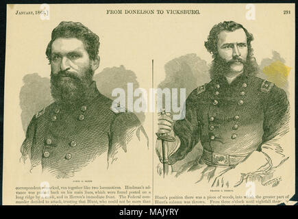 Stampa di Generali James G. Blunt e Francis J. Herron in uniforme con nomi stampati al di sotto dell'immagine. 'Gennaio, 1863] Da DONELSON DI VICKSBURG 291' (stampato sopra ritratti). Lato opposto ha una stampa di una folla di persone in attesa in linea per vedere alcuni uomini dietro un contatore. Immagine è stata colorata in '292 di HARPER storia pittorica DELLA GUERRA CIVILE. [Marzo, 1862." (stampato sopra l'immagine). "Rilascio PASSA A ST. LOUIS.' (stampato immagine sotto). Titolo: "Da Donelson di Vicksburg." (Unione generali James G. Blunt e Francis J. Herron). . 1863. Foto Stock