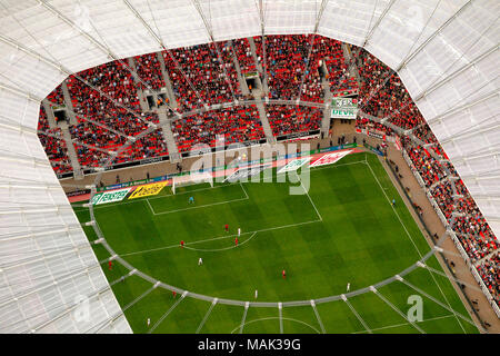 Vista aerea, BayArena, Bay Arena, Bayer Leverkusen vs. FSC Mainz 2: 2, lo stadio di calcio, Bundesliga, ventola blocchi, Leverkusen, Renania, Nord Rhine-We Foto Stock