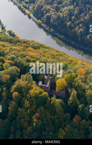 Castle Tralee, torre di castello, a Saarschleife Mettlach, Taben-Rodt, della Saar e della Renania Palatinato, della Germania, Europa, vista aerea, uccelli-occhi vie Foto Stock