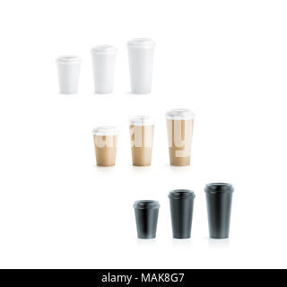 Bianco nero, bianco e marrone di craft di carta usa e getta cup mock up con coperchi, grandi, medie e piccole, rendering 3d. Svuotare il polistirene bere il caffè mug mockups vista laterale. Cancellare il tè take away package Foto Stock