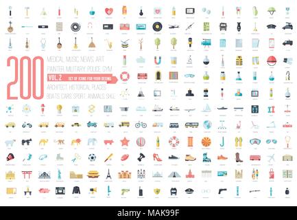 Appartamento grande insieme di raccolta icone di medici, esercito, guerra, scarpa, natura, news, disegnare, polizia, rafting, camera, scienza, barca, sport, palestra, auto, animale, estate, strumento, paese. Per infografico design illustrazione Illustrazione Vettoriale
