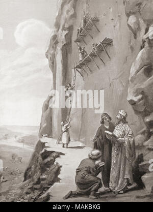 Dario I supervisionare il Behistun iscrizione, Monte Behistun, Kermanshah Provincia, Iran, (ex Persia). Egli aveva la scogliera scolpita per registrare le sue conquiste. Dario I Dario il Grande, c. 550-486 a.e.v.. Quarto re dei Persiani Impero achemenide. Dopo la pittura da Margaret Dovaston, (1884-1954). Da Hutchinson nella storia delle nazioni, pubblicato 1915 Foto Stock