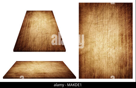 Graffiato di legno marrone, scheda tabella, la superficie del pavimento in legno, texture. Gli oggetti sono isolati su sfondo bianco Foto Stock