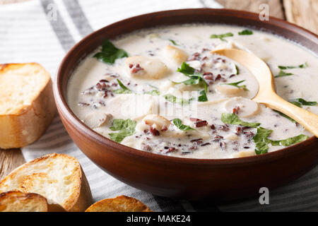 Deliziosi piatti dietetici di zuppa di riso selvatico con funghi porcini e verdure close-up in una ciotola. orizzontale Foto Stock