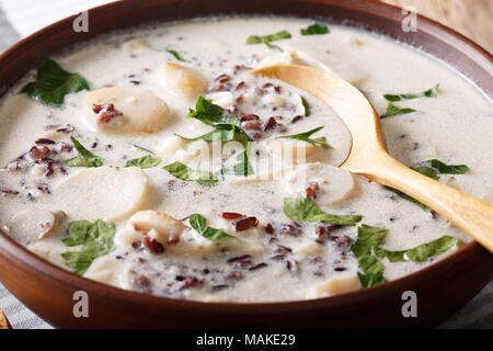Zuppa vegetariana di riso selvatico con funghi porcini e verdure close-up in una ciotola. orizzontale Foto Stock