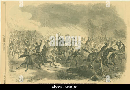 Stampa di cavalleria scena di battaglia con unione cavalleggeri intermediato con fanti confederati. 'SPLENDIDE CARICA DI STATI UNITI cavalleria nella battaglia di molla scavato, Missouri. - [Vedi pagina 535.]" (stampato immagine sotto). Ritaglio di giornale da Harper's Weekly, 24 agosto 1861. Titolo: 'Splendide carica di Stati Uniti Calvario nella battaglia di molla scavato, Missouri." . Il 24 agosto 1861. Foto Stock