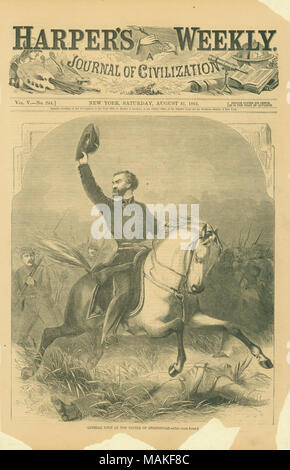 Front-pagina stampa del gen. Lyon su un cavallo, agitando il suo cappello nella parte anteriore delle truppe in background. 'Generale Lione alla battaglia di Springfield. - [Vedi pagina successiva]' (stampato immagine sotto). Ritaglio di giornale da Harper's settimanale, Agosto 31, 1861. Titolo: 'Generale Lione alla battaglia di Springfield." . Il 31 agosto 1861. Foto Stock
