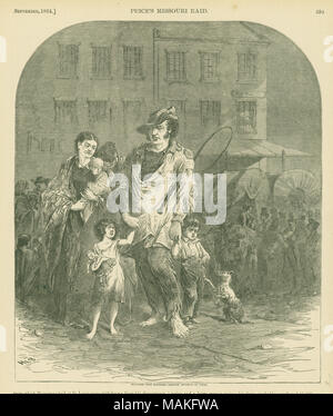Stampa di una famiglia indossando indumenti strappati al centro piano primo con una folla di persone in background. "Rifugiati DAL NORD DEL MISSOURI entrando in st. LOUIS.' (stampato immagine sotto). Ritaglio di giornale da Harper's Weekly, settembre 1864 (Harper storia pittorica della guerra civile) pagina 595. Titolo: "i profughi dal Nord del Missouri entrando St. Louis." . Settembre 1864. Foto Stock