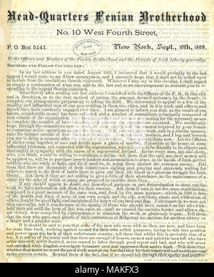 Stampate la lettera circolare "Agli ufficiali e ai membri della Fraternità Fenian e gli amici della libertà irlandese in generale", datato sede Fenian, fratellanza, New York. Firmato John O'Neill. 1869 agosto 24. Pagina 1. Fenian fratellanza raccolta, Missouri History Museum archivi, St. Louis. Foto Stock