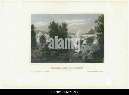 Posizione orizzontale colorata a mano in acciaio-incisione guardando a monte presso le cascate. Al centro vi è un'isola con due indiani americani su di esso. Titolo: "Little Falls di Sant'Antonio (Mississippi).". Tra il 1852 e il 1853. Foto Stock