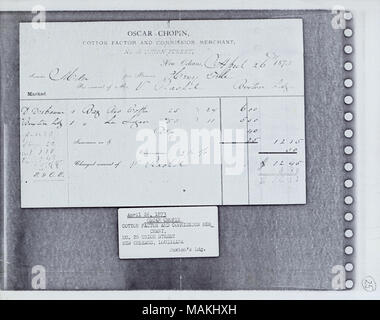 Titolo: Conto di Oscar Chopin, fattore di cotone e Commissione Merchant, con V. Rachel [Victor Rachel] (fotocopia), 26 aprile 1873 . Il 26 aprile 1873. Foto Stock