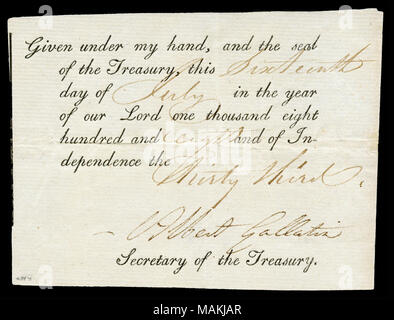 Firma di Albert Gallatin dalla nazionale raccolta numismatica, NMAH, Smithsonian Institution. . Il 15 dicembre 2012, 10:29:15. Albert Gallatin Museo Nazionale di Storia Americana - Foto Stock