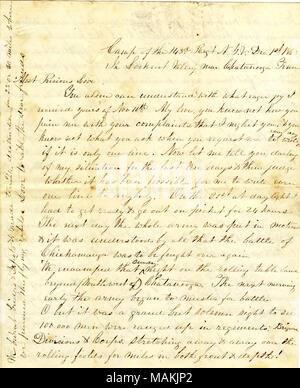 Fornisce un resoconto della battaglia di cresta missionaria, compresa la menzione di prigionieri fatti. Include la busta. Titolo: lettera firmata William S. Moffat, camp del reggimento 143N.Y., nella valle di vedetta, vicino a Chattanooga, Tennessee, [a sua moglie Matilda B. Moffat], Dryden, Tompkins Co., N. Y., 1 dicembre 1863 . 1 dicembre 1863. Moffat, William S., -1898 Foto Stock