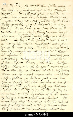 Descrive una visita con il monitor Edwards per la famiglia. Trascrizione: nel Pic, che rende anche feebler puns di [James] Morris, e chi [Billington] ha scritto storie per Harper ?s. Egli, restituiti da un paese straniero schede ora qui [132 Bleecker St], condivisione Morris ? Camera. Dopo la seduta fino a quando avevo finito di grande blocco PIC [Jesse] Haney ha proposto di andare a Edwards ?, invitando Morris. Come stavamo andando giù per le scale, quoth a quest'ultimo di me: ?ǣShall Billington vieni ?ǣNo! ? No! ? Ho risposto molto vigorosamente, e ha ragione. Guardando la casa piacevole a cui il nostro che lui era un complimento e Foto Stock