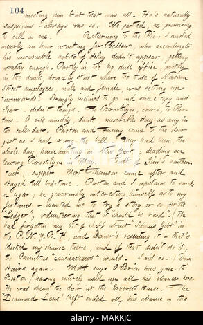 Descrive una visita a James Parton e Fanny Fern a Brooklyn. Trascrizione: incontro con lui [Matteo Whitelaw] ma che era tutto. Lui è naturalmente sospettoso ? È sempre stato così. Abbiamo parted, egli promette di chiamata su di me. Tornando al Pic: ho perso quasi un ora di attesa per [Frank Bellew], che secondo le sue abitudini invariabile di ritardo didn ?t appaiono, getting wrathy abbastanza. In parte nel grande ufficio opaco, parzialmente nell'dank, drizzly street dove la marea di Nassau Street dipendenti, maschio e femmina, era l'impostazione-townwards. Fortemente inclinata per andare a cogliere la copia e chiaro ? Non ha però. A Brookl Foto Stock