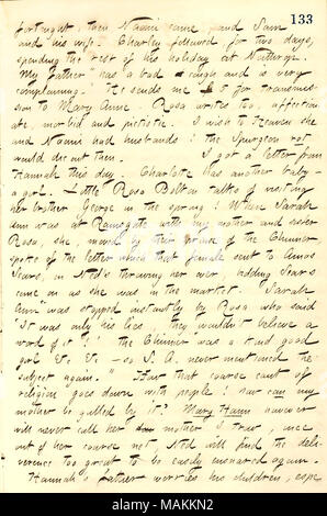 Descrive le lettere ricevute da Hannah Bennet e sua madre. Trascrizione: quindici giorni, poi Naomi [Gunn] è venuto, e Sam [Gunn] e sua moglie [Minnie Gunn]. Charley [Gunn] seguita, per due giorni di passare il resto della sua vacanza a Neithrop. Mio padre [Samuel Gunn, Suor] ?ǣhas una brutta tosse ed è molto lamentarsi. ? Egli mi invia 5 [libbre] per la trasmissione a Mary Anne [Greatbatch]. Rosa [Gunn] scrive, troppo, affettuoso, morboso e pietistic. Desidero cielo lei e Noemi aveva mariti! La Spurgeon rot morirebbe fuori allora. Ho ricevuto una lettera da Hannah [Bennett] questo giorno. Charlotte [Bennett Gazey] ha Foto Stock