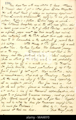 Descrive una lettera da Dillon Mapother, una visita alla Jewell famiglia e a parlare con George Arnold e Bob pistola. Trascrizione: poi verso il centro storico con il nuovo disegno a Ames. Di là per [Jesse] Haney ?s dove ho ricevuto una lettera da Dillon Mapother. Egli con [Henry] Hart pensare di aggiunta di un reparto di incisione per il loro stabilimento di Louisville, applicando a me per il picchio. Kelly è un padre, Dillon felice come di consueto. Il scotchman Campbell fino nella Nic-nax office. Che cosa un duro queer accent è quella del Nord britannici e di che cosa un gergo infernale deve il suo loro ascendenza hanno sollevato quando si contende con la Foto Stock