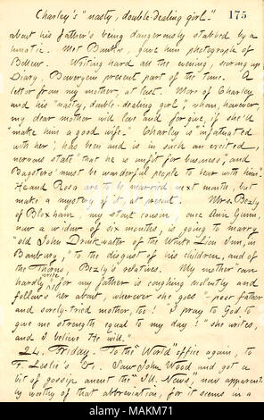 Descrive una lettera ricevuta da sua madre su Rosa Bolton. Titolo: Thomas Butler diari Gunn: Volume 13, pagina 190, Agosto 23, 1860 . Il 23 agosto 1860. Gunn, Thomas Butler, 1826-1903 Foto Stock