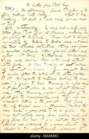 Descrive una lettera da Bob pistola, scritto in Havana. Trascrizione: una lettera dalla pistola di Bob nel pomeriggio, trovato [A.F.] banchi in ufficio a parlare con [Henry] Addey. Sono andato a letto, headachy, a circa 9 e leggere per una o due ore. 30. Mercoledì. Un nove-e-un-metà pagina lettera da Bob pistola, all Avana, che racchiude due per la pubblicazione in Inghilterra. Quelle inviate a [Arthur] Ledger, re-inviata da [Frank] Cahill a Cuba, non abbiano raggiunto la loro destinazione. Essi erano in numero di quattro contenenti lettere per suo padre e sua madre, ?ǣ[Adelle] St Orme, ? Sutherland, McCullough, Syme e vari altri, WR Foto Stock