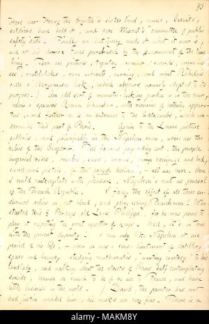 Descrive la visita una camera riempita con Napoleone reliquie al Louvre di Parigi. Trascrizione: Qui [Musee de Cluny] il nostro Enrico VIII+?-?-?s sister [Maria Tudor] vissuto, monache, Gesuiti, i soldati hanno tenuto, e qui [Jean Paul Marat]+?-?-?s +?-?-?comitato di sicurezza pubblica+?-?-? Sate. Infine un antiquario ha reso quello che è adesso, e alla sua scomparsa +?-?-?twas acquistato dal governo del momento. Vi sono quadri, arazzi, armature, spade, arquebusses, matchlocks, armadi rare, carving e cosa [Francois] Rabelais chiede un +?-?-?Bergomaseo serratura,+?-?-? (Che appare curiosamente adattare Foto Stock