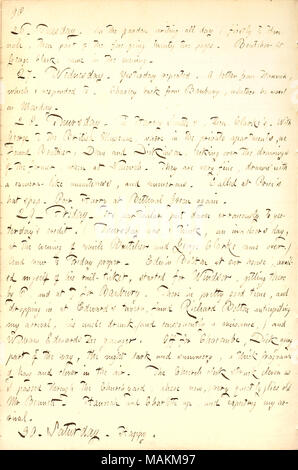 Descrive il viaggio a Chacombe per visitare la famiglia Bennett. Trascrizione: 26. Martedì. Nel giardino la scrittura di tutti i giorni e in primo luogo a Hannah [Bennett], allora parte della prua-andando venti due pagine. [William] Boutcher & George Clarke è venuto in serata. 27. Mercoledì. Ieri ripetuto. Una lettera da Hannah, che ho risposto a. Charley [Gunn] torna da Banbury, dove andava il lunedì. 28. Giovedì. Per Harvey Smith+?-?-?s, quindi Clarke+?-?-?s. Con George al British Museum, dove, in appartamenti privati, abbiamo trovato Boutcher, decano e Dickinson, guardando sopra i disegni della ex, w Foto Stock