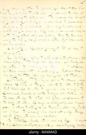 Descrive una visita al sig. Greatbatch e la sua famiglia a Long Island. Trascrizione: dopo aver ottenuto la mia lettera, i ragazzi [Fred e Edward Greatbatch] e carro non erano lì per ricevere [Receive] me, così ho dovuto camminare sopra. Un ordinato, bianco edificio a due piani ha sostituito il distrutto uno. Il contratto di assicurazione era stato trascurato dal sig. Alcock e il suo avvocato, nelle cui mani le carte erano state poste. Egli ha ricostruito, ha una forte azione legale a portata di mano circa la vendita della sua azienda. Mary Anne [Greatbatch], dai suoi mariti [Giuseppe Greatbatch ?s] desiderio, ha scritto a mio padre [Samuel Gunn] chiedendo $500. Aveva Foto Stock