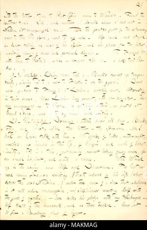 Descrive incontro James Parton per la prima volta. Trascrizione: con quest'ultimo [Jesse Haney], quindi il Post Office, anon a Waud's. Trova i fratelli [Alfred e William Waud] twain, Sol [Eytinge], e l'altro ([George] Arnold che ho incontrato in Nassau St accompagnato me.) vi la maggior parte del pomeriggio, anon al Pic office e al mio. Alf è venuto ed è rimasto un'ora mi dice di più della sua vicenda e i suoi piani per il futuro, che implicano il cambiamento di nome e personal travestimento. Per Haneys & con lui a [James] Parton ?s, dove ci siamo fermati fino a 11. Mi piace questo Parton. 19. Domenica. Doin Foto Stock