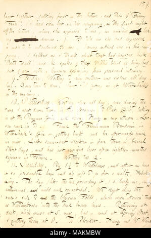 Per quanto riguarda il suo pensiero su Fanny Fern e il suo libro, Ruth Hall. Trascrizione: lager e parlano tra loro il primo sulla lezione e quindi di "Fanny Fern." (ho visto lei nel suo [James Parton] della società, la prima notte di lezione, quando ella mi apparve, un trepidante [parola barrata] guardando, [parola barrata] donna.) mi ha detto che aveva espresso il desiderio di essere introdotto a me, avendo notato me in sua compagnia. Ho parlato come penso che bad-hearted libro 'Ruth Hall' e egli parlava del Willis sangue come essendo un male, ma lei, con una compiacenza che scaturisce dall'intimità personale. 9. Venerdì. Foto Stock