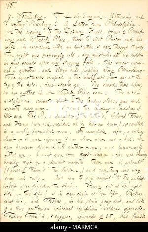 Descrive la sua prima visita a James Parton e Fanny Fern dopo il loro matrimonio. Trascrizione: 9. Mercoledì. [Frank] Leslie ?nuovamente s. Tornando, e alla scrittura di ?ǣPhisiology. ? Una lettera da Filadelfia. La sera a casa Delancy, angolo di Broadway e Waverly luogo da visitare [James] Parton e sua moglie [Fanny Fern], in conformità con un invito che ho avuto attraverso [Jesse] Haney. La notte era piercingly freddo, mio baffi tutto il ghiaccio nascosto in cinque secondi dopo la mia stepping via. La neve di carnevale in funzionamento e sleigh bells tintinnii lungo Broadway. Gli appartamenti occupati da Foto Stock