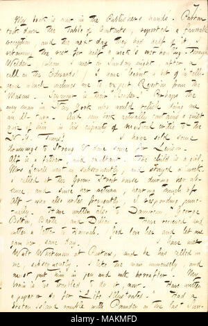 Per quanto riguarda il suo timore che il suo libro non saranno accettati per la pubblicazione dalla Mason fratelli perché Charles Bailey Seymour è il loro lettore. Si parla anche di incontro Walt Whitman. Trascrizione: il mio libro [La fisiologia di New York pensioni] è ora in Editori [Mason fratelli] mani. [James] Parton ha preso verso il basso nella tabella di contenuti, ha riferito di una favorevole accoglienza e il giorno dopo hanno avuto la metà di esso, Ho ritegno del resto per mezzo di una settimana ?s oltre il salpamento. Attraverso [Charles] Welden, (che ho incontrato domenica notte, dopo una chiamata su Edwards') ho imparato un po' di intelligenza in pendenza Foto Stock