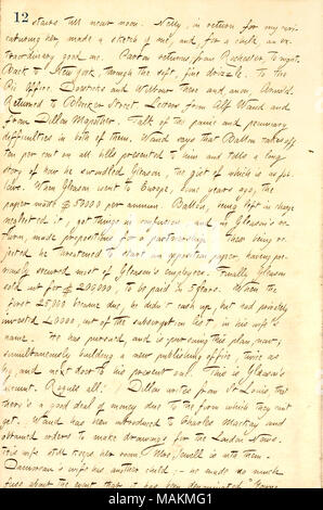 Descrive una lettera da Alf Waud, descrivendo un incidente che coinvolga Maturin Ballou e Federico Gleason in Boston. Trascrizione: scale fino a vicino a mezzogiorno. Nelly [Eldredge], in cambio per il mio caricatura lei, fatto uno schizzo di me e per un bambino, una straordinaria buona. [James] Parton restituisce, dal Rochester, stasera. Torna a New York, attraverso il morbido, sottile pioggerella. Per il Pic in ufficio. [Doesticks Mortimer Thomson] e [Charles E.] Wilbour vi e anon, [George] Arnold. Tornato a [132] Bleecker Street. Lettere da Alf Waud e da Dillon Mapother. Parlare del panico e diffic pecuniario Foto Stock