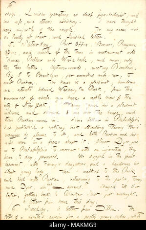 Descrive la sua prima visita a Fanny Fern e James Parton's new house di Brooklyn. Trascrizione: stoop, [William] Levison operando come chief pyrotechnist, e sua moglie Maria [Levison], e altri assistere. Ho pensato molto ingiustamente del giovane. In camera mia ? Oh, così solitario al cuore e finito di lettera. 5. Sabato. Ufficio postale, [Thomas] Bonars, Picayune Office e la maggior parte del tempo nel ristorante con [Jesse] Haney, [Frank] Bellew e Wurzbach e anon, solo gli ultimi due. Uptownwards, riunione [Antoine] Baudoin. Da 5 a Brooklyn, per omnibus e auto per visitare [James] Parton. Ho la casa Foto Stock