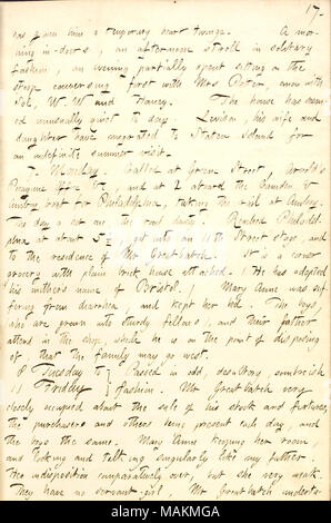 Descrive una visita alla famiglia Greatbatch a Philadelphia. Trascrizione: ha dato lui [Dillon Mapother] una temporanea cuore twinge. Una mattina in-porte, un pomeriggio passeggiata in solitaria la moda, una serata parzialmente trascorso seduti sul stoop conversando prima con la signora [Catharine] Potter, anon con sol [Eytinge], W. W [William Waud] e [Jesse] Haney. La casa dispone di sembrava insolitamente silenzioso al giorno. [William] Levison, sua moglie [Maria Levison] e figlia [Ellen Levison] hanno migrato a Staten Island per un indefinito visita estiva. 7. Lunedì. Chiamato a Greene Street, [George] Arnold ?s Picayune Off Foto Stock