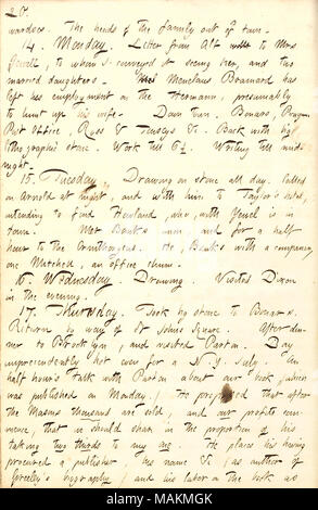 Descrive una visita a James Parton a Brooklyn durante il quale essi discutono i loro libri. Trascrizione: [Ed]wardses. I capi della famiglia [George e Sarah Edwards] fuori città. 14. Lunedì. Lettera da Alf [Waud] [parola barrata] alla signora [Celina] Jewell, ai quali ho trasmesso che la vede lei e le due figlie sposate [Celina Jewell e Cornelia Sexton. Mel Menelao [Albert] Brainard ha lasciato la sua occupazione su Hermann, presumibilmente a caccia fino alla moglie [Maria Brainard]. Down Town. [Thomas] Bonars, Picayune Post Office, Ross & Touseys &c. Retro con grande pietra litografica. Lavorare fino a 6 1/2. La scrittura di ti Foto Stock