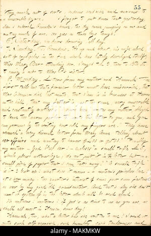 Descrive una lettera ricevuta da sua madre in Inghilterra. Trascrizione: molto fuori di sorta, orribili mal di testa e nervoso per un miserabile grado. Ho dimenticato di mettere giù che ieri, quando ho inserito [Frank] Pounden's house, il cane è venuto saltando su di me e di rendere molto di me. Egli va su tre gambe comunque. 6. Sabato. In Porte di disegno, tutto il giorno. 7. Domenica. Per Pounden's. Egli fino e circa, sua moglie abed, malato di erisipela in faccia che ha ultimamente sviluppato in sé; Miss Maria Barr frequentando il suo. Abbiamo soggiornato fino a 3, poi al XIII st. di trasmettere una nota a RA P della sorella. 8. Lunedì. Lettere di mia madre Foto Stock