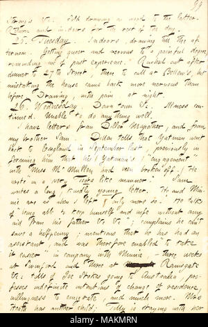 Descrive una lettera da suo fratello Sam Gunn. Trascrizione: [Thomas] Strongs's &c. Venduto disegni su legno a quest'ultimo. Ritorno e in-porte per il resto della giornata. 25. Martedì. In ambienti chiusi, disegno fino al pomeriggio. Getting queer e nervoso per un grado di dolorose, ricordando a me le esperienze del passato. Si precipitò fuori dopo cena a 27th Street, vi invito a [Frank Bellew], ma di confondere la casa è tornato più nervoso di prima. Disegno, con dolore, di notte. 26. Mercoledì. Down Town &c. La malattia ha continuato. Impossibile fare qualcosa di bene. Ho ricevuto lettere da Dillon Mapother e dal mio fratello Sam Foto Stock