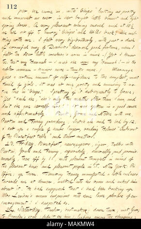 Descrive camminando Mort Thomson la moglie Anna, home da Parton's house di Brooklyn. Trascrizione: [sup]per, egli [Edward Welles] è venuto in, con "chips" [Anna Thomson] Guardando come pretty e innocente come mai nella sua poco brillante cofano e molla leggera abito. Una serata molto piacevole e ne seguì a 10 1/2 tutti abbiamo impostato su off al convoglio "chips" e pozzi indietro, lei cammina con me. Mi sono sentita molto grande, fraterno con un goccio di dolorosa invidia di Doesticks' meritato buona fortuna, quando ho sentito le altre piccole creatura del braccio in miniera. Ma so anche che il mio Hannah [Bennett] ? Vorrei che fosse la mia Hannah! Foto Stock