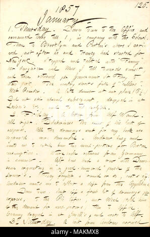 Parla di una chiamata su James Parton e Fanny Fern a Brooklyn e una lettera da Alf Waud circa i progressi delle incisioni per Gunn il libro. Trascrizione: 1857 Gennaio. 1. Giovedì. Down Town per l'ufficio e vi rimase fino a 1, in società con il colonnello. Poi a Brooklyn e [James] Parton ?s dove sono arrivato subito dopo egli e [Jesse] Haney aveva iniziato per New York. Arrestato e parlato con ?ǣFanny [Fern], ? Sua figlia e Miss J [Louisa Jacobs] fino verso il tramonto, e poi ritornò per Gouverneur St traghetto per New York. Le strade invernale piena di ?ǣcallers. ? Incontrato [Frank] Pounden. Foto Stock