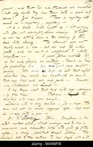 Per quanto riguarda la morte di Ellen Levison. Trascrizione: tombe, e che l amore e la gentilezza sono immortali ?ma perché dovrebbero avere la loro ormeggio nel dolore e sofferenza? Dio sa. Vi è mistero tutto intorno a noi ? Mistero, il mistero ? Si tratta di un oscuro, dolce notte come mi siedo iscritto; con pochi, non overbright, stelle lucenti. In che cosa consiste un timore si è depositato giù sulla memoria del bambino morto [Ellen Levison], già. Gli elementi non sono stati miscelati gentilmente nel suo ? Ma lei aveva la vita dei giovani e uno può ?t essere indifferenti di fronte a un bambino del tutto ? O povera compagni mortali Lasciatevi amare e perdonare uno un altro ? Vi ?s nessun tempo Foto Stock