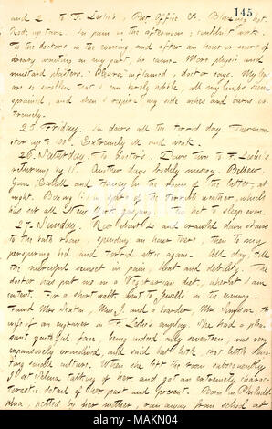 Per quanto riguarda la Signora Simpson, una diciassettenne ragazza che è fermo con la Jewell famiglia. Trascrizione: e 2, F. Leslie, Post Ofice &c. Blazing hot. Rode fino città. Nel dolore nel pomeriggio; non poteva funzionare. Per i medici di sera, e dopo un'ora o più deprimenti in attesa da parte mia, egli è venuto. Più fisica e la senape cerotti. "Pleura' infiammato, medico dice. Le mie gambe sono talmente gonfio che posso appena lo Zoppicare, tutte le mie membra sembrano storte, e quando ho respire, il mio lato malanni e brucia estremamente. 25. Venerdì. In porte di tutti la torrida giornata. Termometro fino a 100. Estremamente malata e debole. 26. Sa Foto Stock