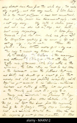 Menziona il suo rispetto per Frank Bellew e che Jesse Haney e Mort Thomson stanno progettando di acquistare il New York Picayune da Maria Levison. Trascrizione: essendo assente verso il basso-città per tutta la giornata. Egli [Frank Bellew] funziona molto rapidamente e non molto. Mi piace di lui. Egli è il vero gentleman che abbia mai incontrato. E ho potuto lodare discriminatingly, ? Se non fossi molto stanco. La mia salute è nuovamente scosso e non un set di sole da sulla mia profonda, triste, sordo, cuore dolorante di scoraggiamento. Una lettera da Hannah [Bennett] ? Dio benedica lei. E uno da Dillon Mapother parlando del suo successo nella vita e Foto Stock