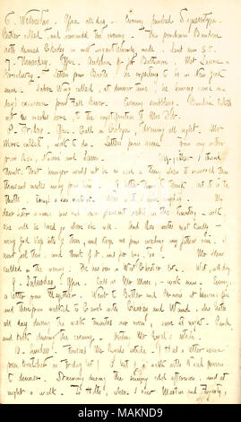 Menziona la ricezione di lettere da casa e spera di non avere a chiedere a suo padre per denaro. Trascrizione: 6. Mercoledì. Ufficio per tutto il giorno. Serata Daguerrotype finito. [Warren] Butler chiamato, e rimase la sera. Il francesino Baudoin ha dunned Charley [Brown] in deve ungentlemanly modalità. La quaresima lui $5. 7. Giovedì. Ufficio. [Charles F.] Anderson off per Baltimora. Incontrato Laurie su Broadway. Lettere da [William] Barth, egli aspetta di essere a New York anon. Jabets ala, chiamato a ora di cena, egli venuto in un giorno ?s escursione da Fall River. Sera scarabocchi. Baudoin non prende il suo mea Foto Stock